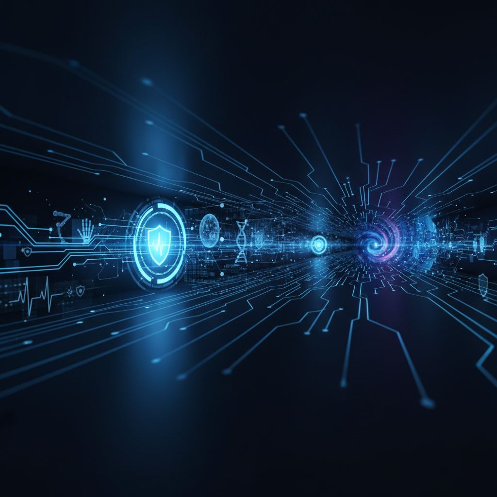 Abstract digital network connecting medical devices and data, symbolizing secure product lifecycle management