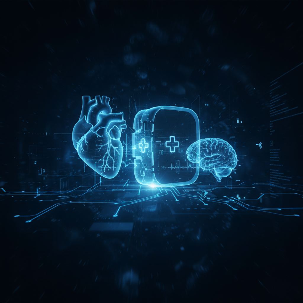 Digital code hidden within a medical device silhouette, illustrating steganography threats