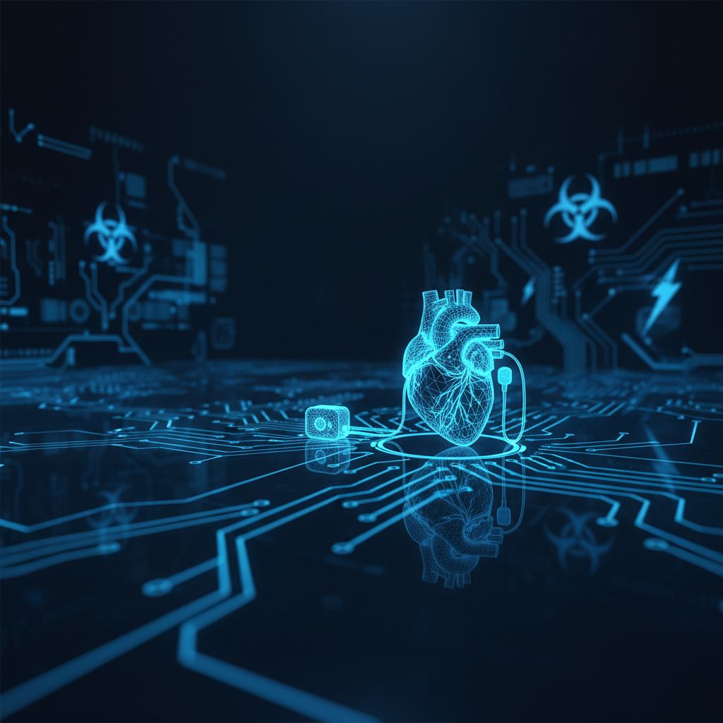 Abstract medical circuitry and a stylized heart symbol represent the risks of pacemaker hacking