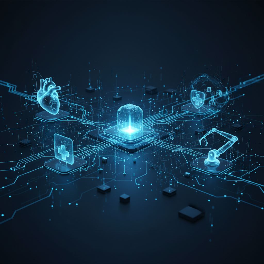 Digital lock icon superimposed on a medical device, symbolizing cybersecurity compliance and patient safety