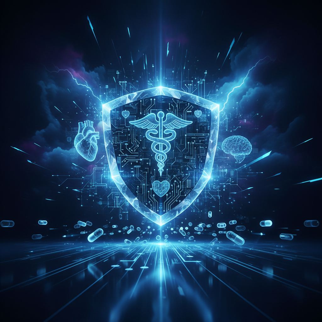 Abstract network nodes connect to a central medical device, illustrating OpenSSF's role in healthcare cybersecurity