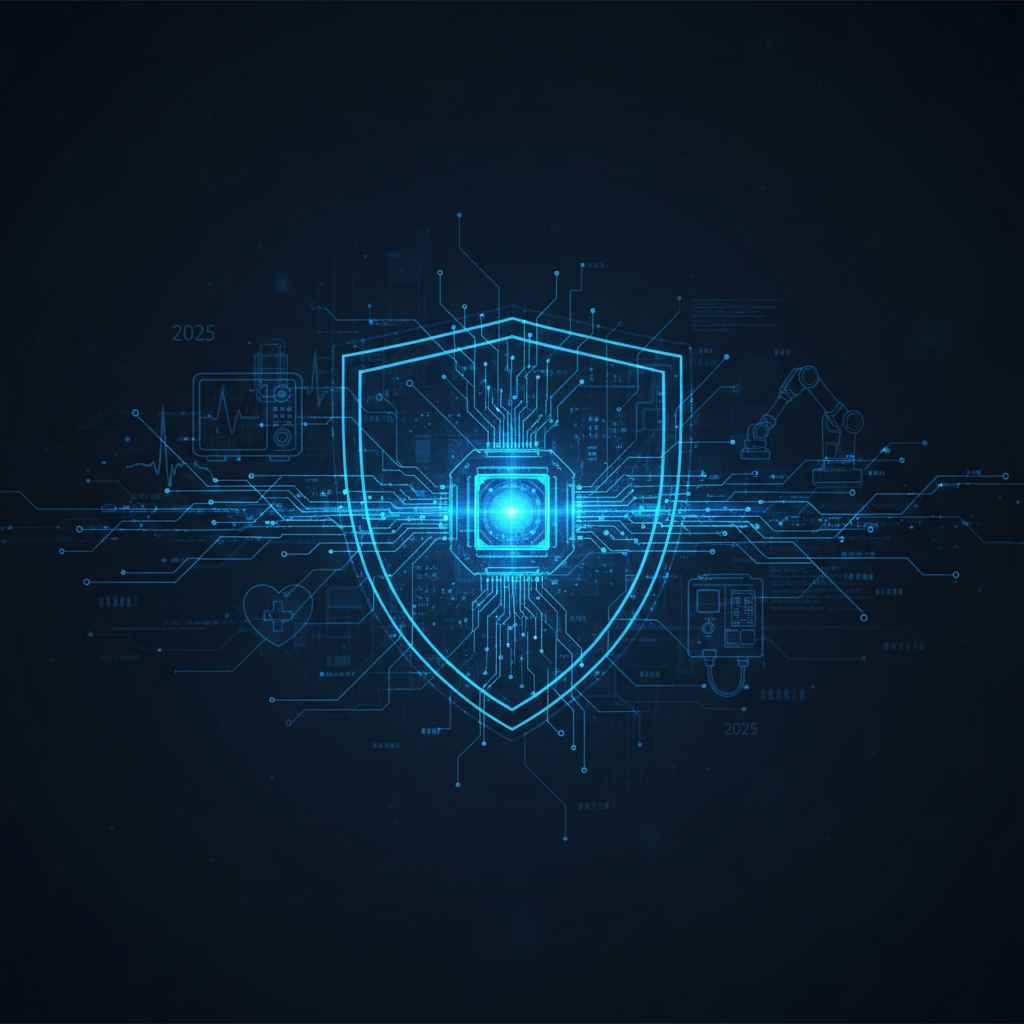 Digital padlock securing interconnected medical devices, representing the critical need for medical device cybersecurity