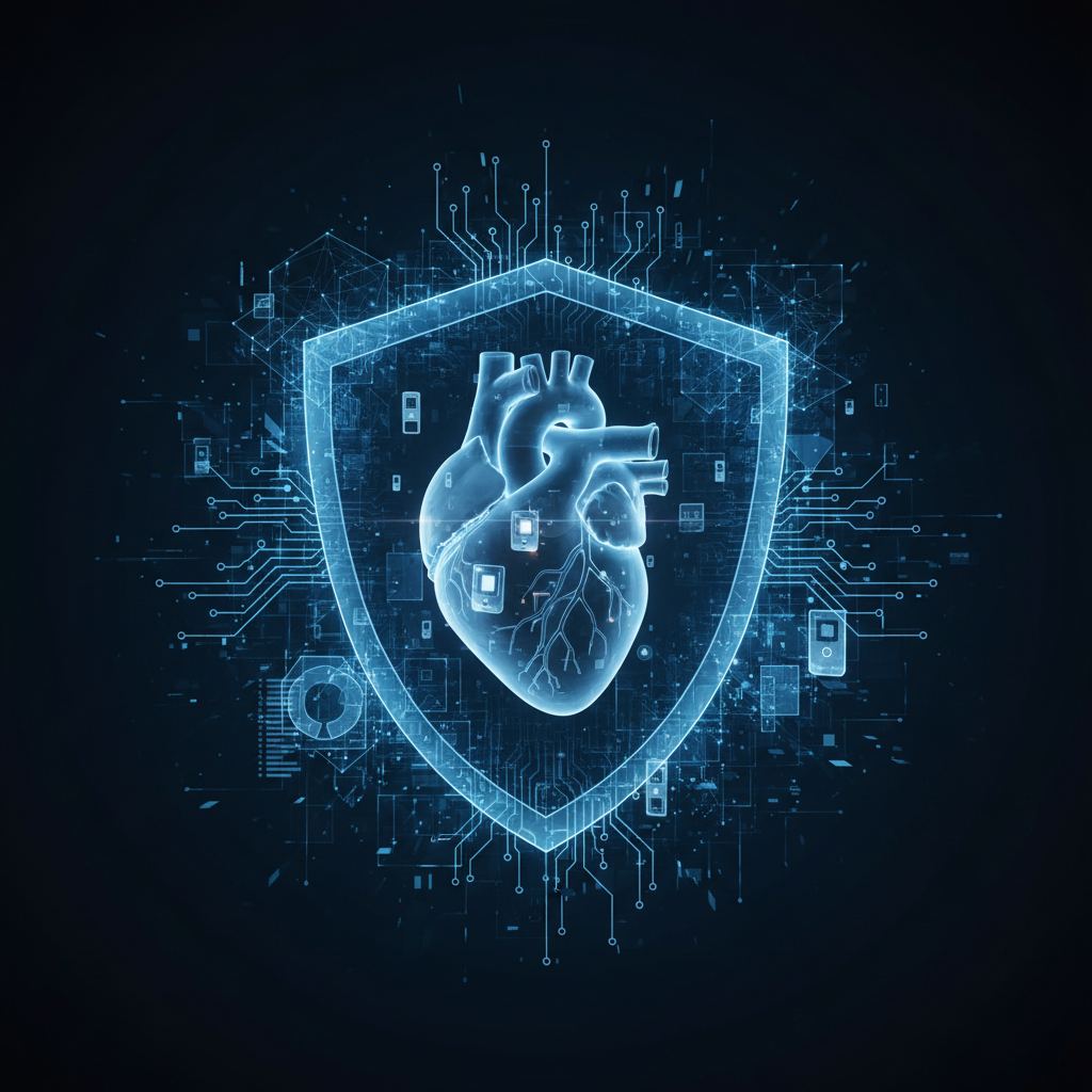 Cybersecurity concept with a stylized goat head and digital network lines, illustrating medical device vulnerability testing
