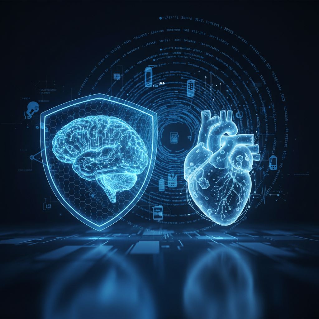 Cybersecurity shield protecting a medical device, illustrating UL 2900 compliance for medical device security