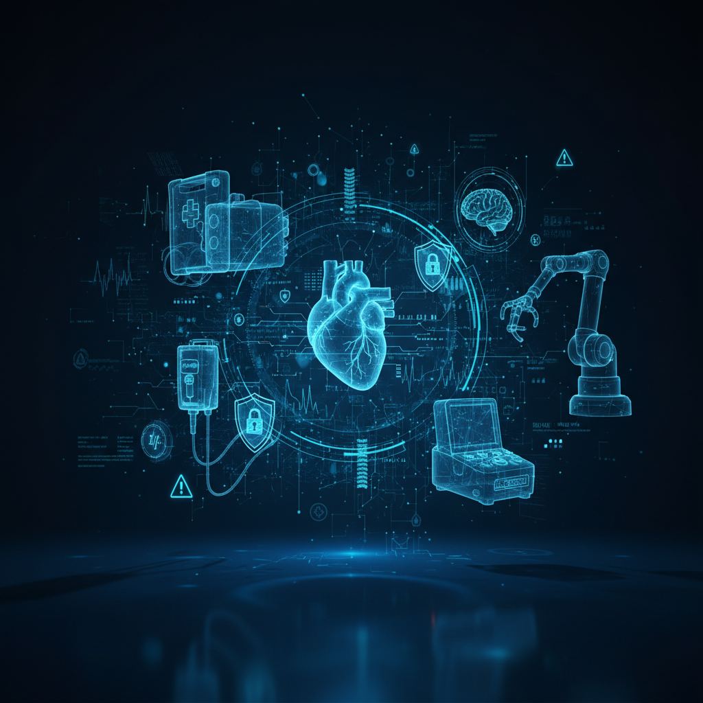 Abstract network nodes and glowing lines connect to a stylized medical device, illustrating cybersecurity vulnerabilities