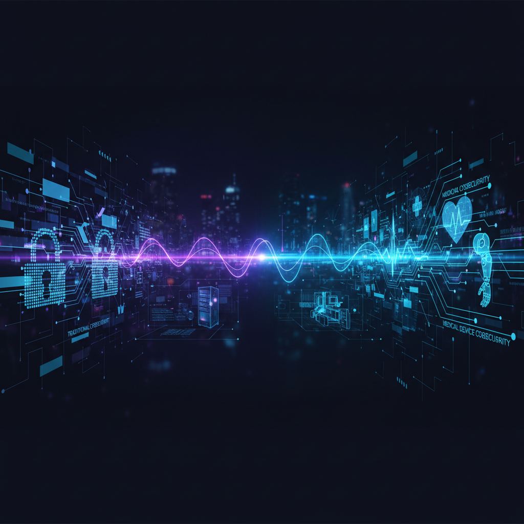 Digital lock and key protecting medical devices, illustrating unique cybersecurity needs