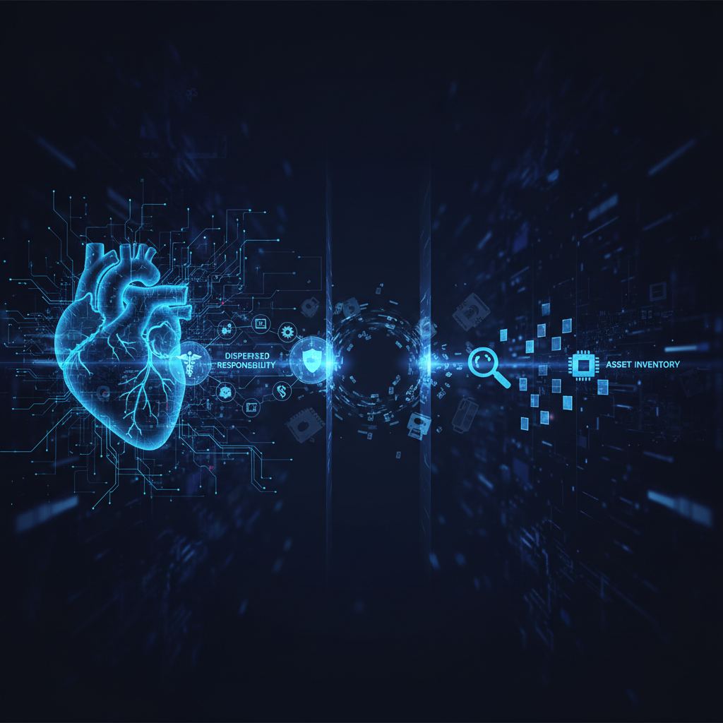 Cybersecurity concept with interconnected medical devices and a digital lock, illustrating data protection gaps