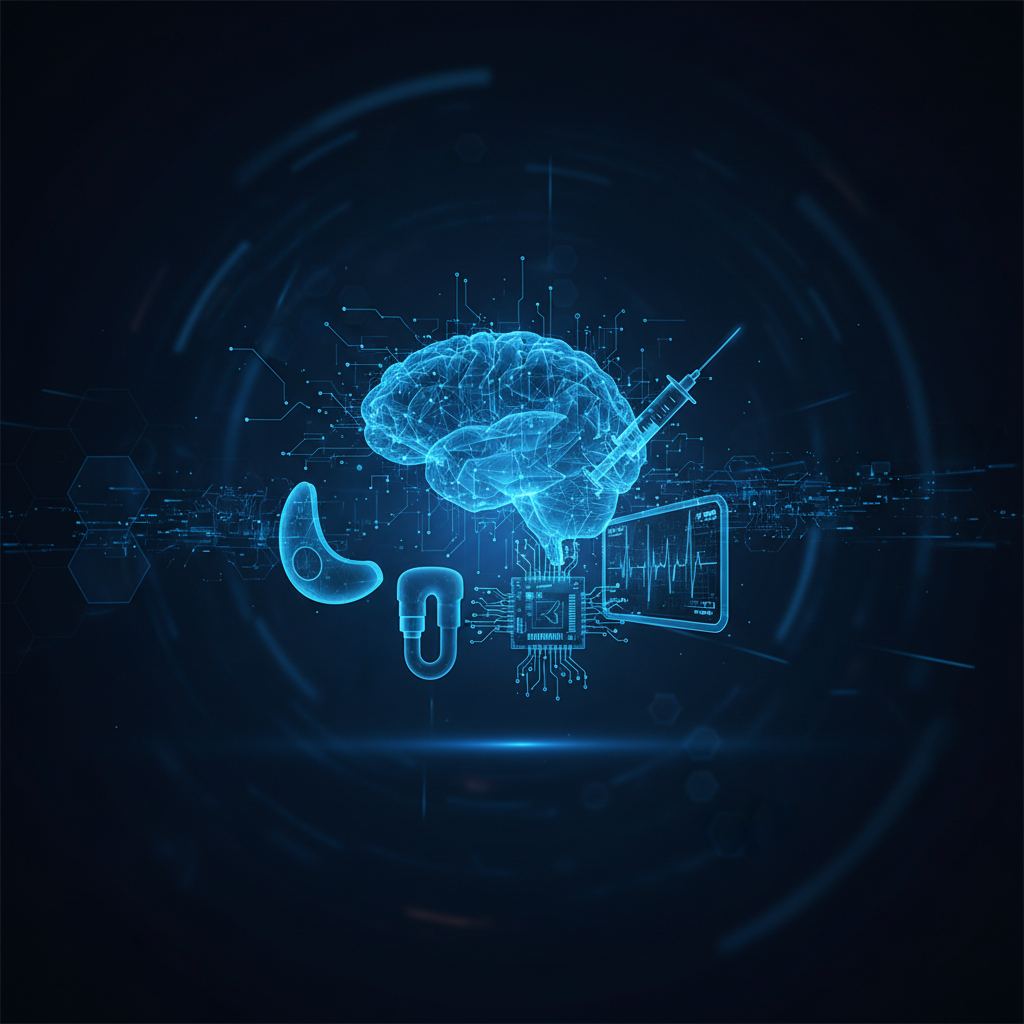 Abstract network of glowing nodes and lines, representing AI and data flow in medical devices