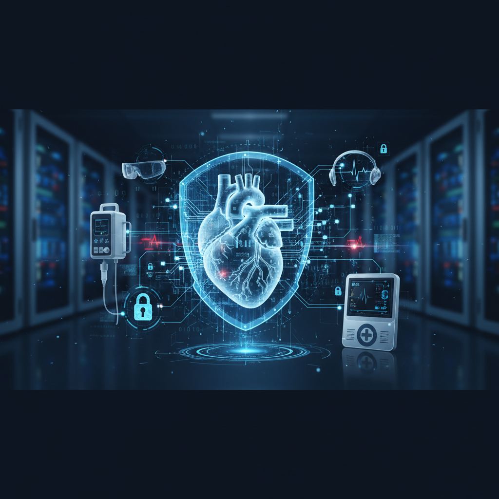 Abstract network nodes connect to a central, glowing medical device, symbolizing interoperable medical device risk management