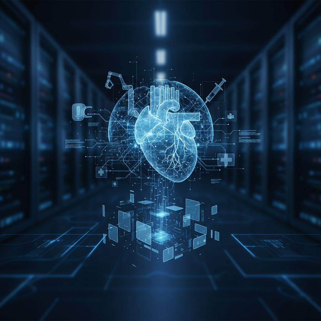 Abstract network nodes and code snippets represent the complexity of medical device software composition analysis