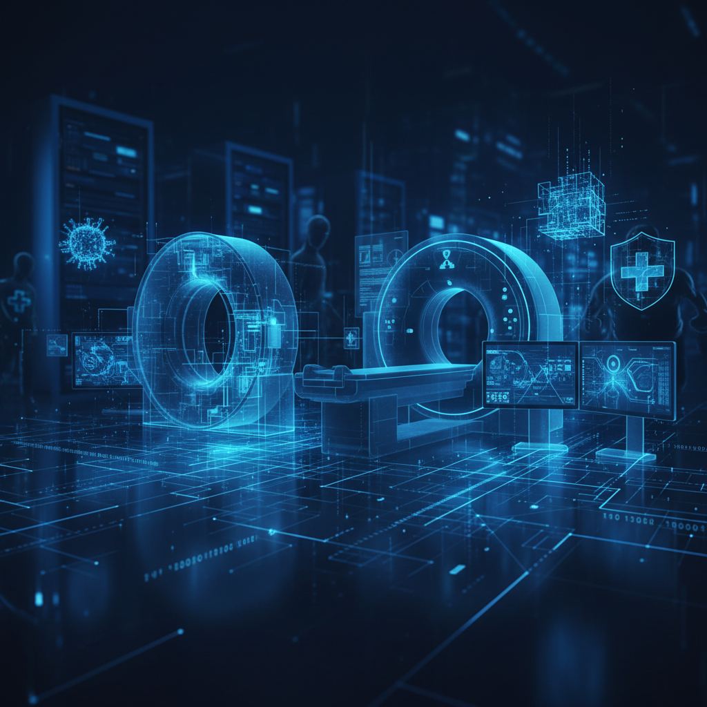 Networked medical imaging devices with glowing data streams representing cybersecurity vulnerabilities