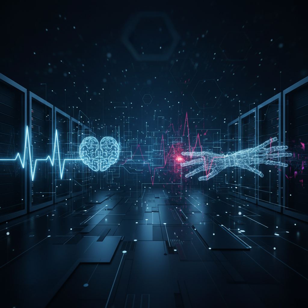 Abstract digital network connections overlaying a blurred medical device, symbolizing cybersecurity risks