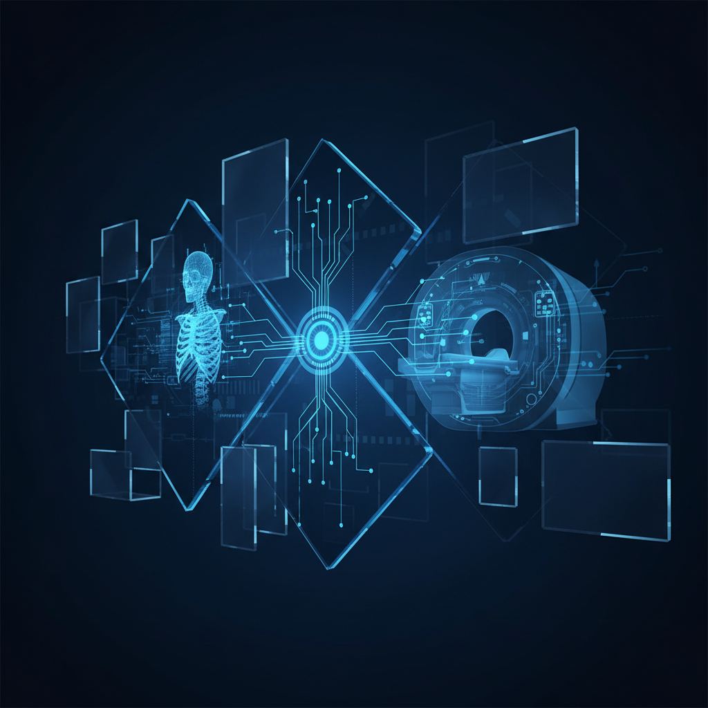 Networked medical devices and data streams illustrate the integration and cybersecurity of radiology information systems