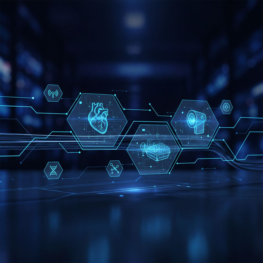 Abstract digital network connecting medical imaging devices and data for secure healthcare information exchange