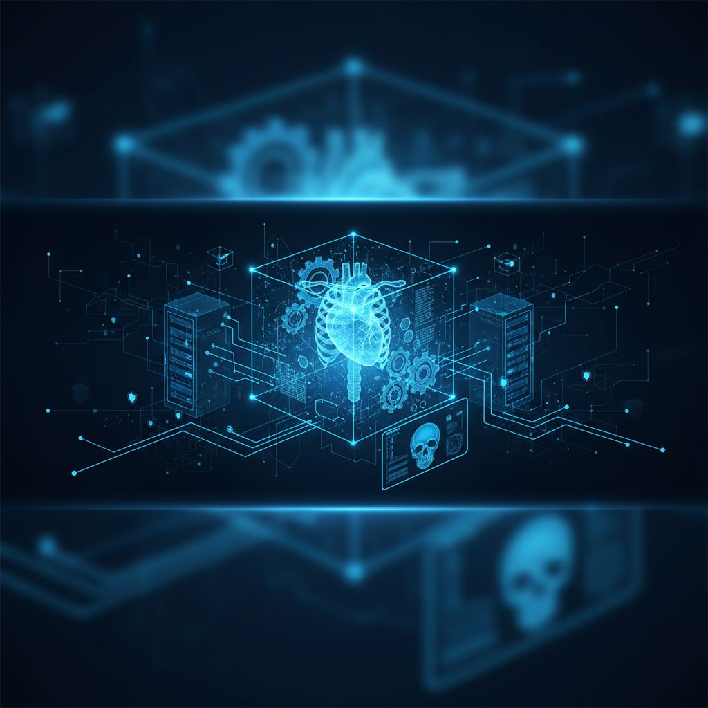 Abstract digital network connections representing medical imaging data flow and cybersecurity protection