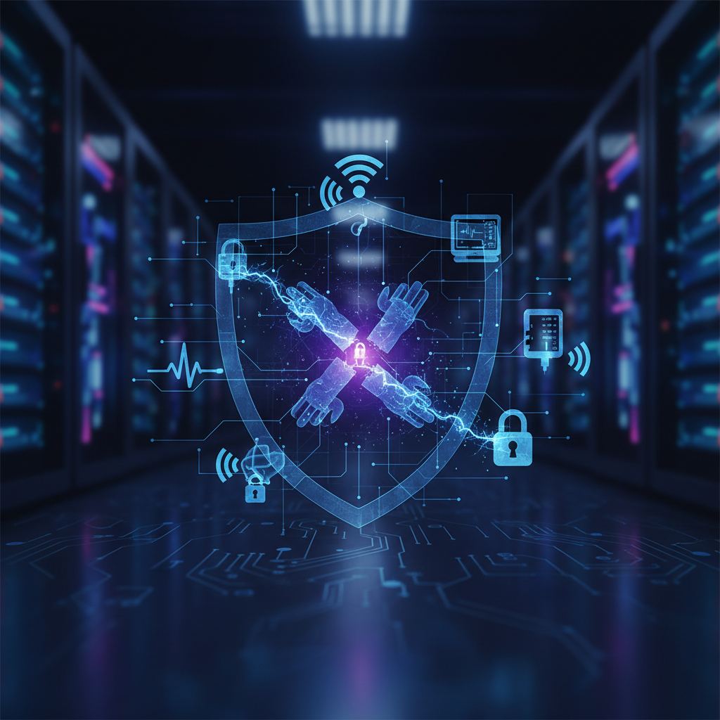Network handshake graphic with a shield symbolizing cybersecurity for medical devices