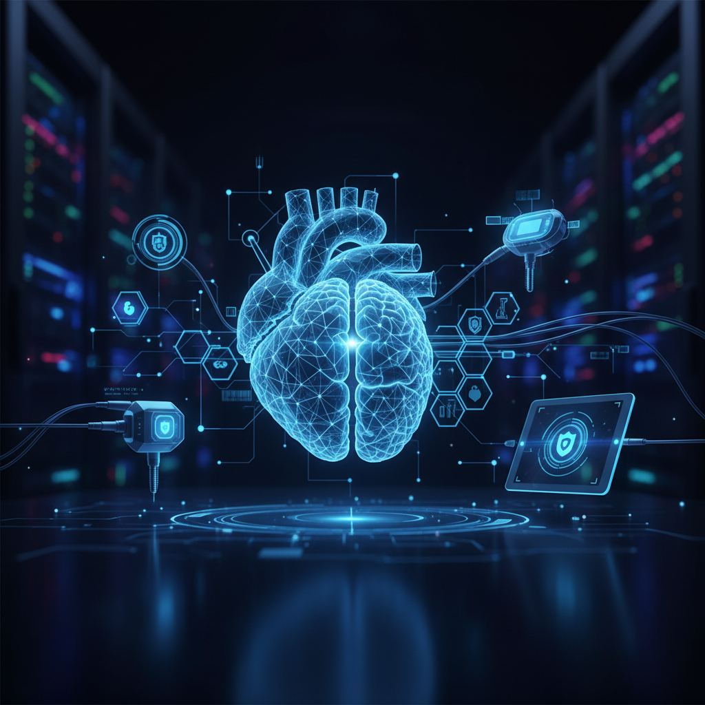 Networked medical devices secured by a digital shield, illustrating Zigbee cybersecurity in healthcare