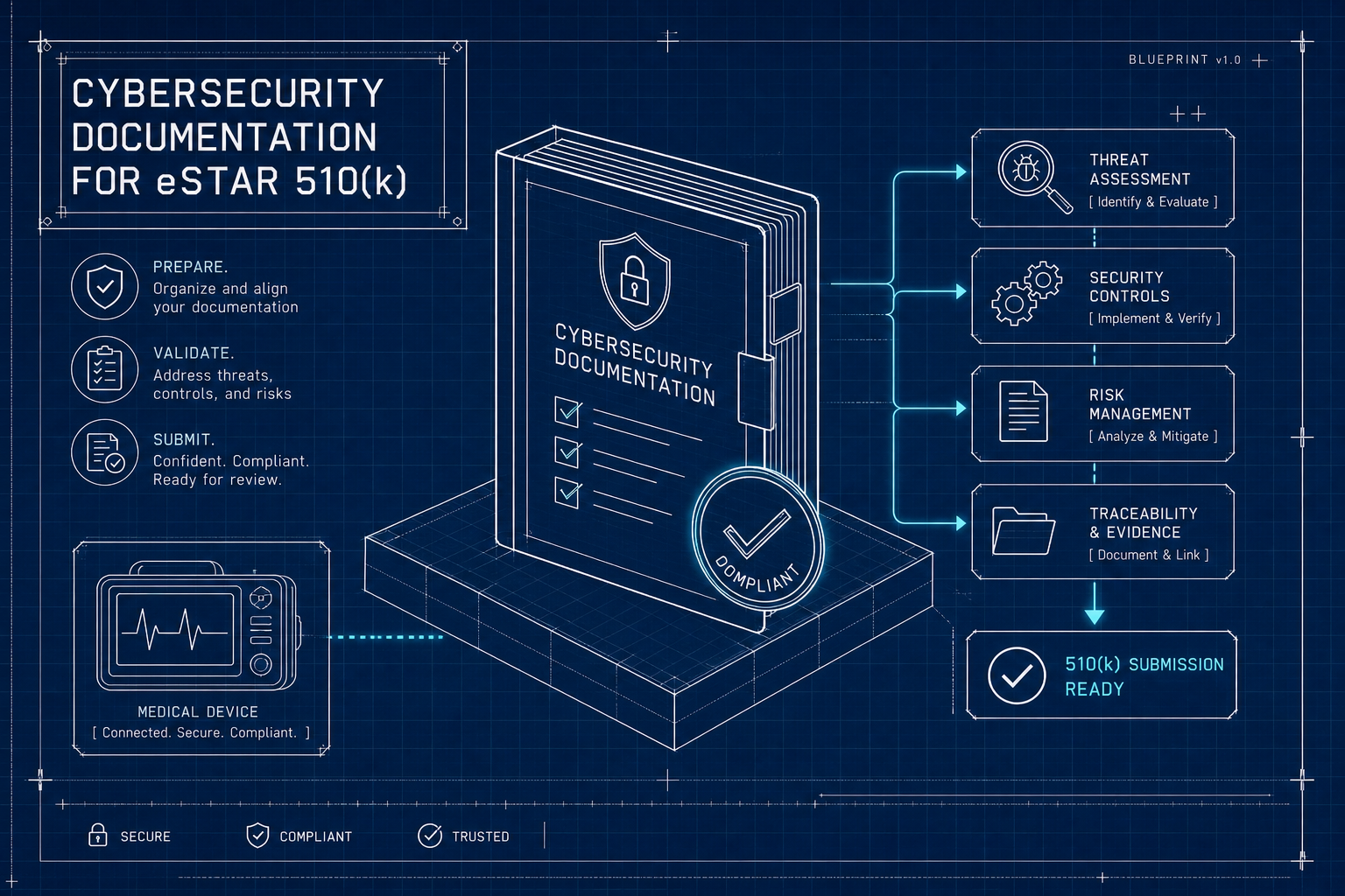 Hero illustration for the FDA article: Preparing Your eSTAR 510(k) Cybersecurity Documentation