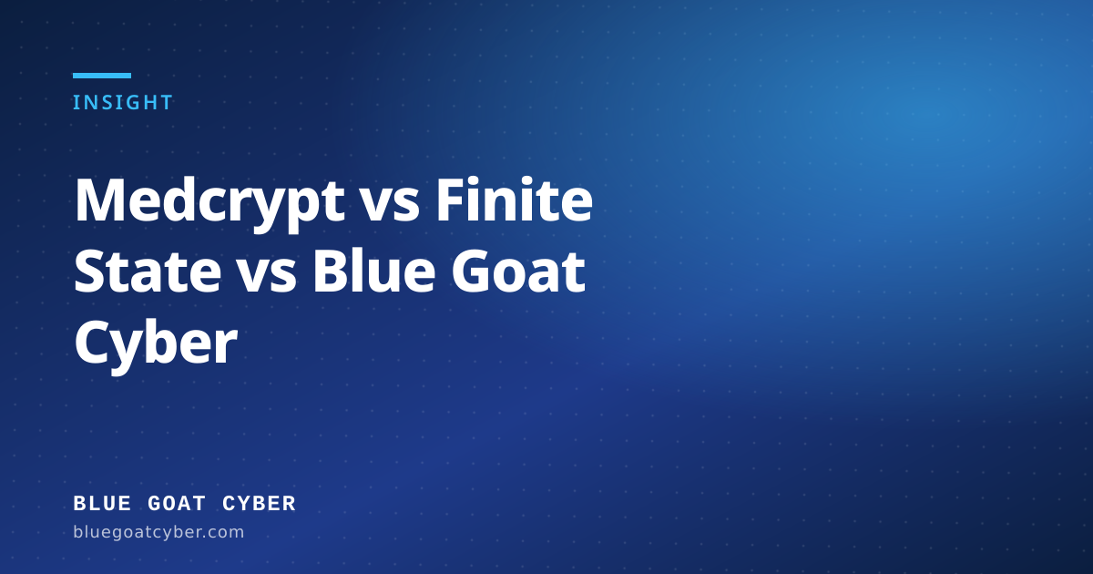 Hero illustration for the Fundamentals article: Medcrypt vs Finite State vs Blue Goat Cyber
