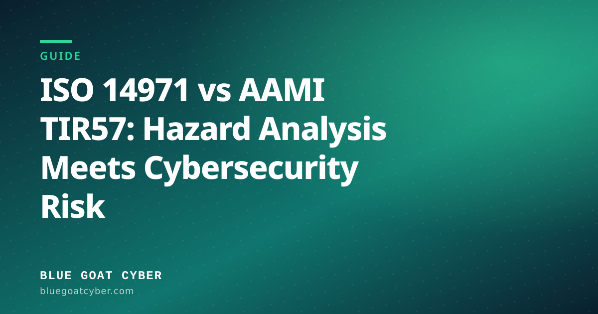 Hero illustration for the Standards article: ISO 14971 vs AAMI TIR57: Hazard Analysis Meets Cybersecurity Risk