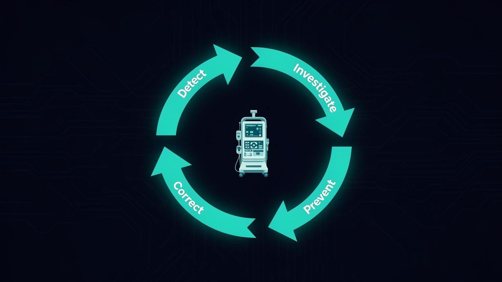 Cybersecurity shield protecting a medical device, illustrating CAPA compliance for device vulnerabilities