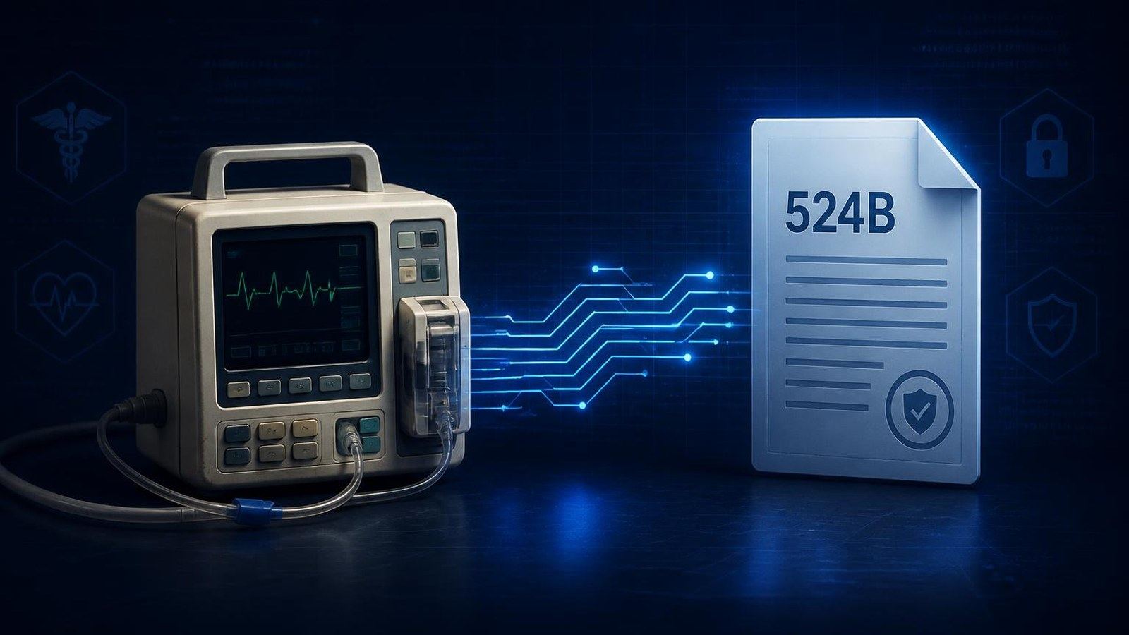 Digital network connecting medical devices, illustrating cybersecurity compliance for legacy systems