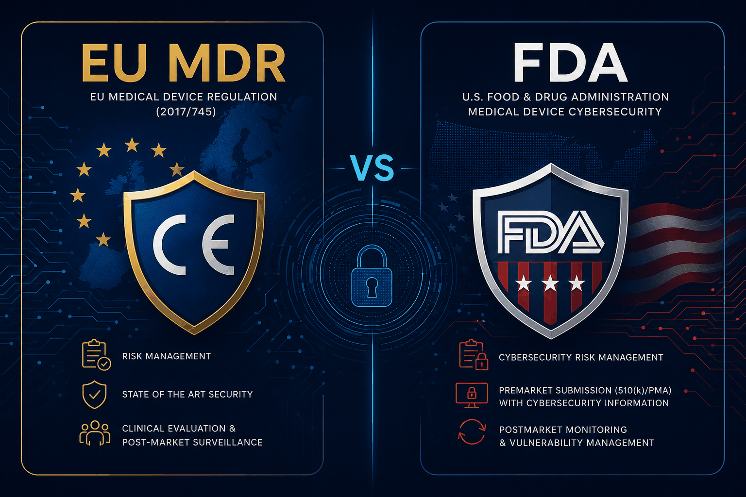 Hero illustration for the article: EU MDR vs FDA Medical Device Cybersecurity: A Side-by-Side Crosswalk