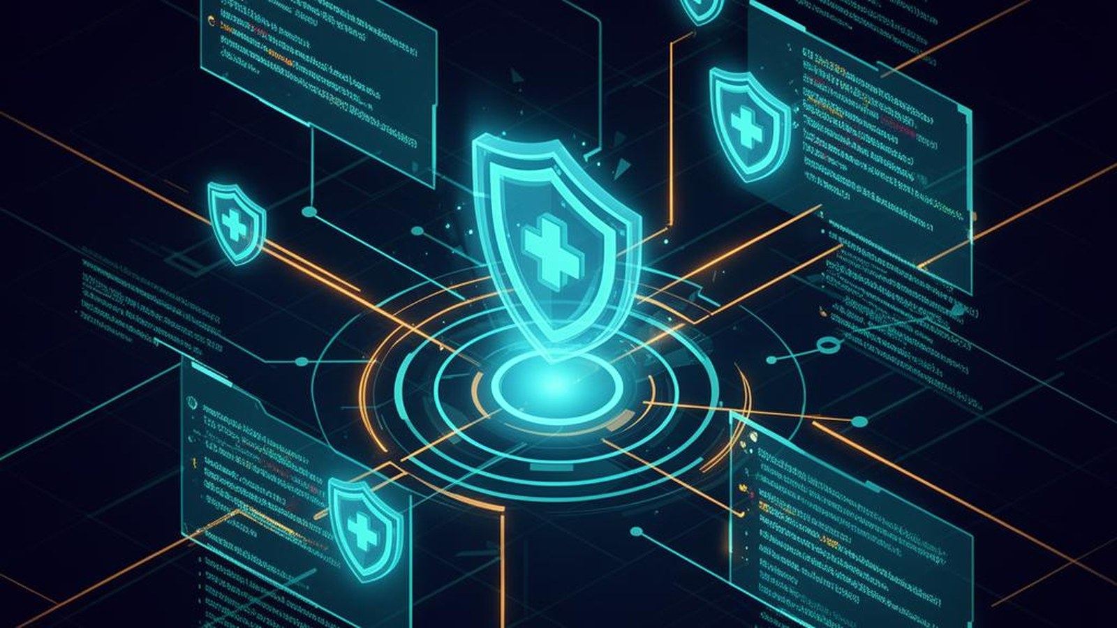 Abstract network nodes connect to a central hub, illustrating medical device cybersecurity threat intelligence sources