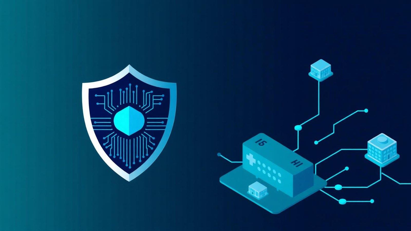 Abstract medical devices connect to a digital network, illustrating cybersecurity compliance for healthcare technology