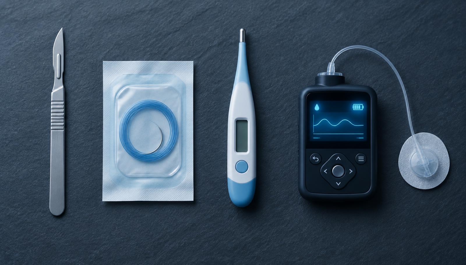 A scalpel, sutures, a digital thermometer and an insulin pump arranged from simple to connected