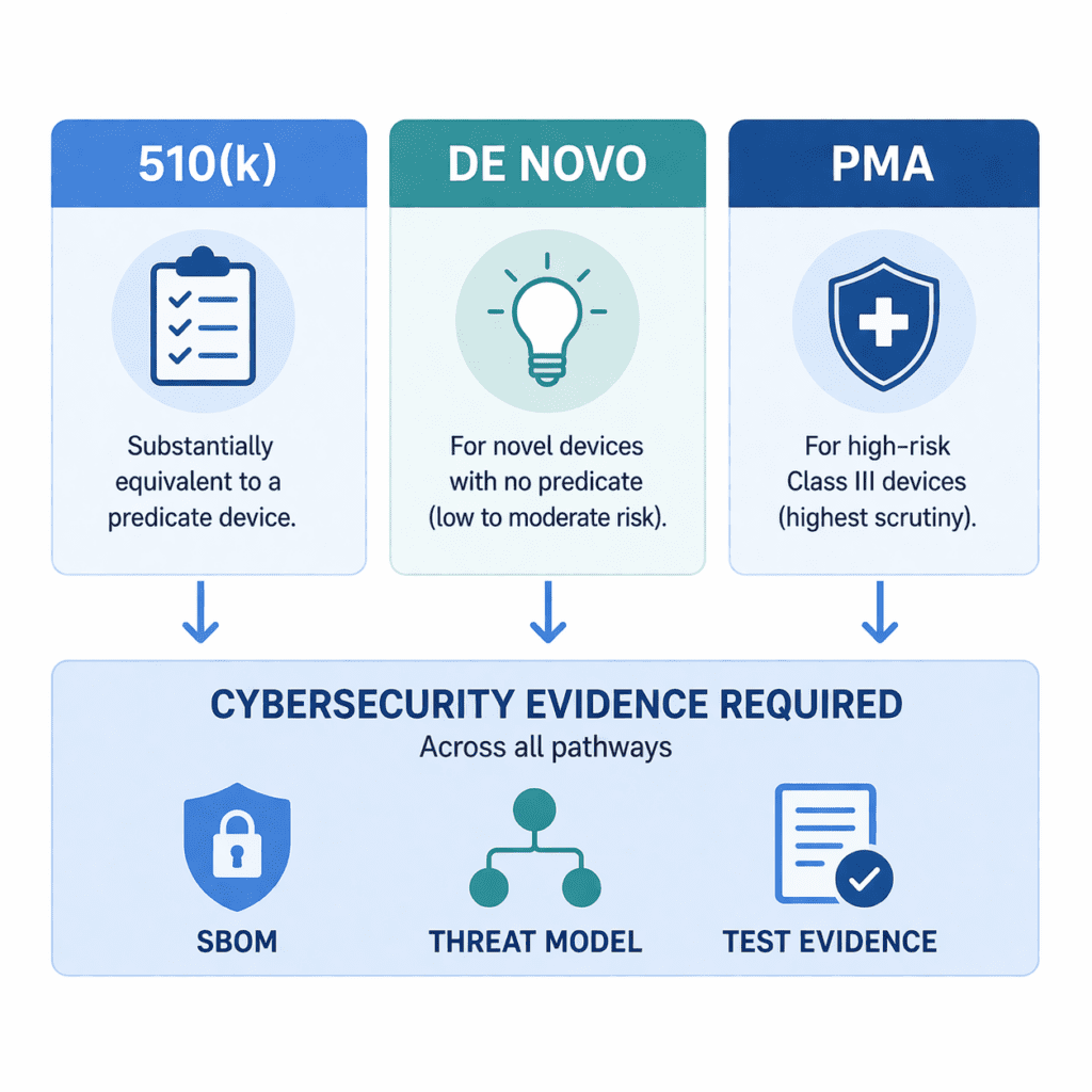 PMA vs De Novo vs 510(k) cybersecurity
