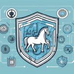 A shield symbolizing cybersecurity surrounded by various digital icons such as a trojan horse