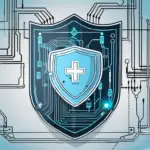 A medical device interconnected with a shield symbolizing cybersecurity