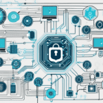 An abstract representation of interconnected medical devices surrounded by digital security elements