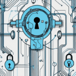 An intricate lock and key design intertwined with digital elements like circuit patterns and data streams