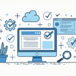 An abstract representation of a software application interface surrounded by various testing tools and checkmarks