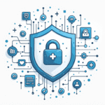 A medical device surrounded by a shield made of tamper-proof seals and cybersecurity symbols