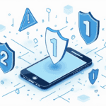 An abstract representation of a smartphone surrounded by digital shields and warning symbols